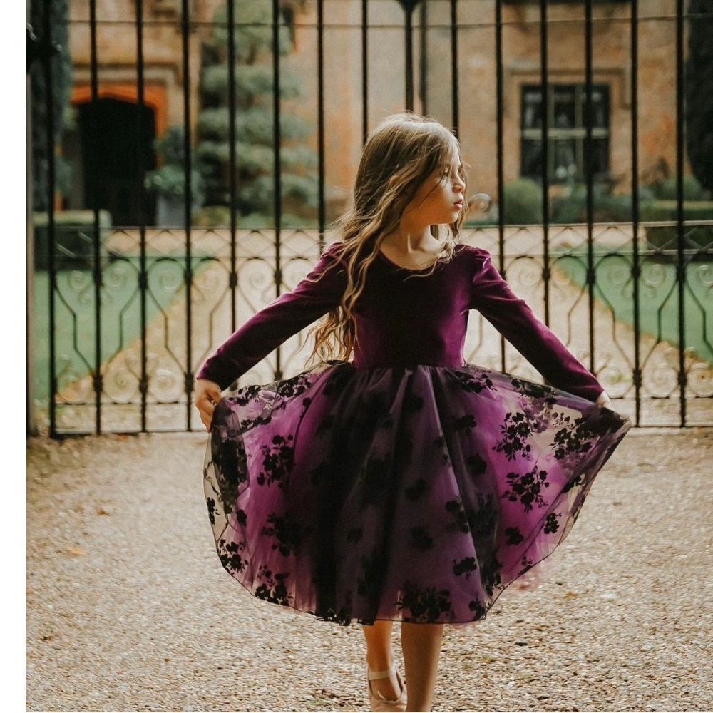 Pleiades Plum Flocked Floral Tulle Dress Sz 6